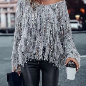 SHEIN Gray Off-Shoulder Fringe Sweater Sz Medium